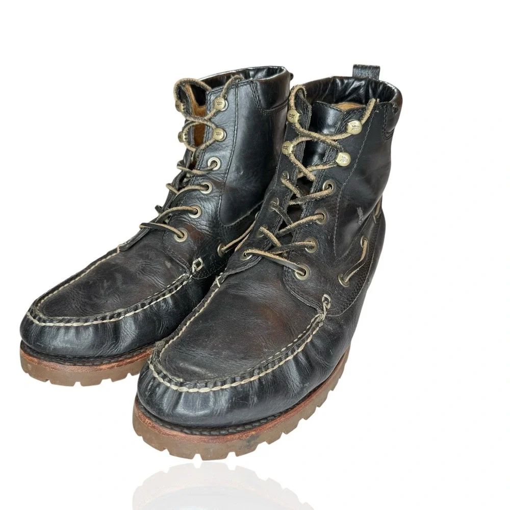 Frye Boots Men's Size 10.5 Black Leather Made In USA Lace Up Apron Moc Toe Shoes